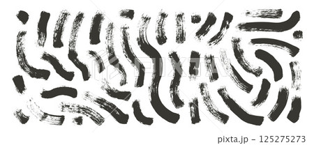 Charcoal wavy brush stroke lines. Hand drawn black ink vector long shapes. Paintbrush linear scribble elements set isolated on white background. Marker thick grunge curved strips. 125275273
