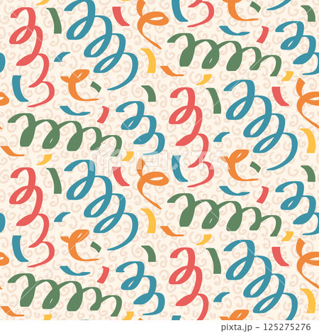 Curve lines holiday seamless pattern. Geometric party endless background. Fun confetti repeat cover. Surface pattern design festive motif. Vector hand drawn illustration 125275276