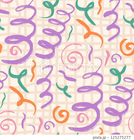 Crayon confetti seamless pattern. Hand drawn childish party endless background. Fun kids party repeat cover. Surface pattern design festive anniversary motif. Vector hand drawn birthday illustration 125275277