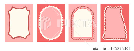 Geometric retro scallop frames invitation blanks set. Wavy groovy arch, rectangle and oval borders isolated on white background. Red poster decorative elements. Vector text box illustration 125275301