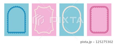 Geometric scallop frames invitation templates set. Wavy edges rectangles, ovals and arch forms doodle. Wave groovy borders elements. Vector serrated squiggles decoration illustration 125275302