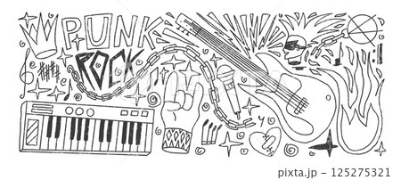 Rock and roll music pencil drawn set. Punk festival doodle background. Scribble grunge music concert flyer elements. Guitar, electronic piano, horns, mic sketch graffiti art. Vector illustration Rock and roll music pencil drawn set. Punk festival doodle background. Scribble grunge music concert flyer elements. Guitar, electronic piano, horns, mic sketch graffiti art. Vector illustration 125275321