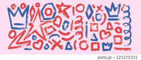 Graffiti girly art elements with brush stroke texture. Hand drawn blue and red ink crown, star, heart and geometric urban street style shapes on lilac background. Circle, hexagon abstract figures 125275331