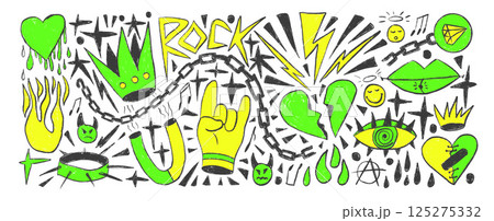 Rock and roll girly neon marker drawn set. Punk coquette breaking heart doodle background. Scribble grunge poster elements. Heart, horns and sketch art. Vector by pencil isolated illustration Rock and roll girly neon marker drawn set. Punk coquette breaking heart doodle background. Scribble grunge poster elements. Heart, horns and sketch art. Vector by pencil isolated illustration 125275332