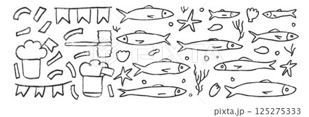Sardines line doodle set. Santos populares festival set. Manjerico, fishes hand drawn scribble. Vector illustration on white background. Portugal traditional party elements Sardines line doodle set. Santos populares festival set. Manjerico, fishes hand drawn scribble. Vector illustration on white background. Portugal traditional party elements 125275333