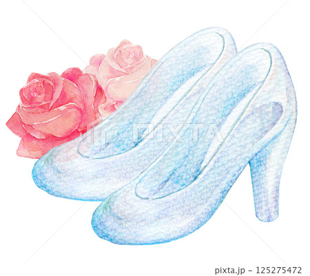 水彩イラスト　ガラスの靴と真紅のバラ 125275472