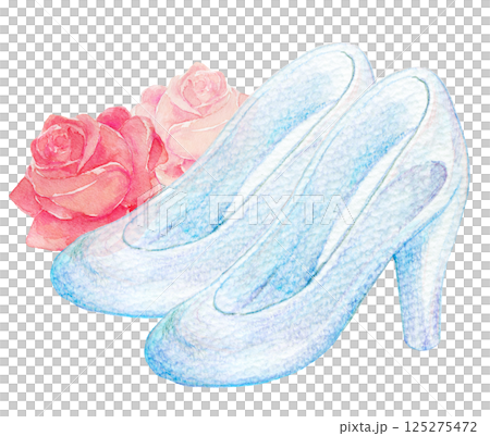 水彩イラスト　ガラスの靴と真紅のバラ 125275472