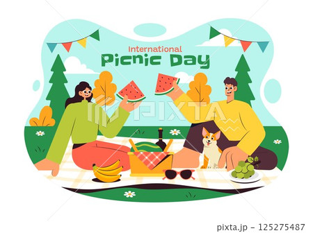 International Picnic Day Vector Illustration Featuring a Family with Table and Food Basket Enjoying a Pleasant Summer Day in the Park in a Background 125275487