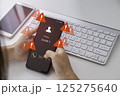 Warning against phone scams, It highlights the need to be wary of unknown callers and suspicious messages. Emergency warning alert alarm on Smartphone, Technological vulnerability. 125275640