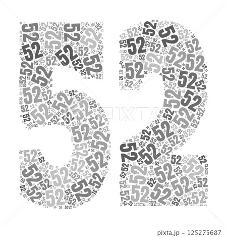 Grayscale word cloud forming the number 52, with repeated text in various sizes. 125275687