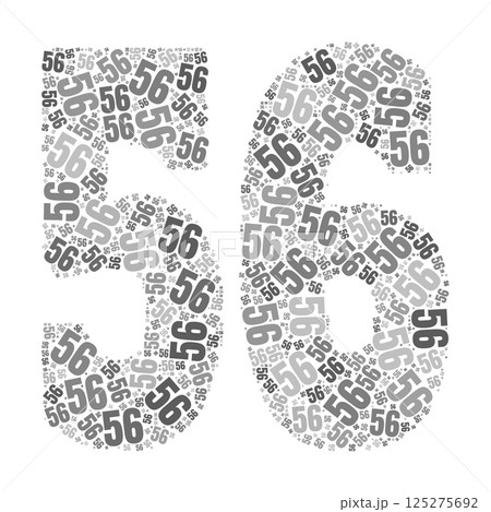 Grayscale word cloud forming the number 56, with repeated text in various sizes. Grayscale word cloud forming the number 56, with repeated text in various sizes. 125275692