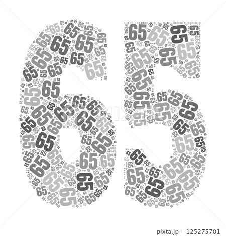 Grayscale word cloud forming the number 65, with repeated text in various sizes. Grayscale word cloud forming the number 65, with repeated text in various sizes. 125275701