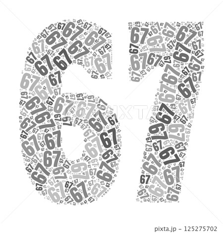 Grayscale word cloud forming the number 67, with repeated text in various sizes. 125275702