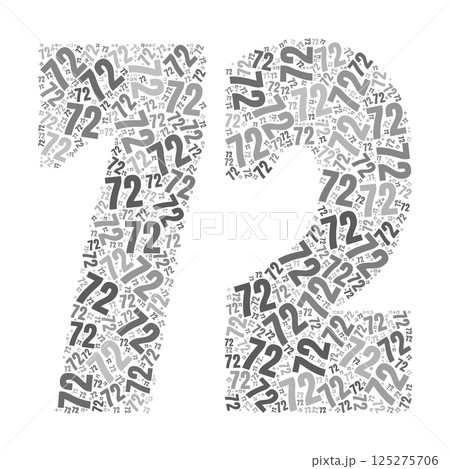 Grayscale word cloud forming the number 72, with repeated text in various sizes. 125275706