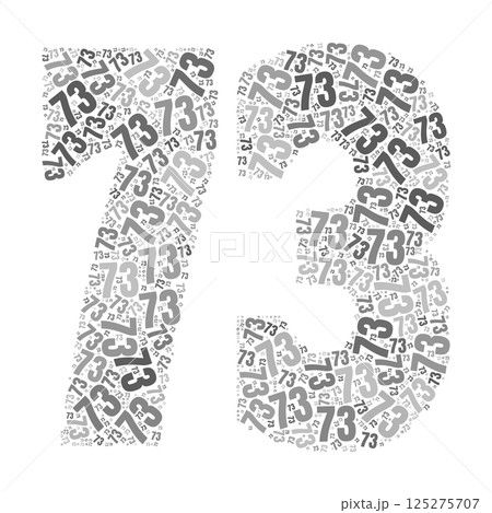 Grayscale word cloud forming the number 73, with repeated text in various sizes. Grayscale word cloud forming the number 73, with repeated text in various sizes. 125275707