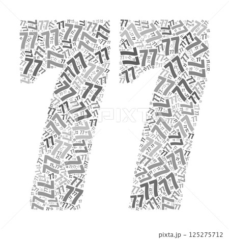 Grayscale word cloud forming the number 77, with repeated text in various sizes. Grayscale word cloud forming the number 77, with repeated text in various sizes. 125275712