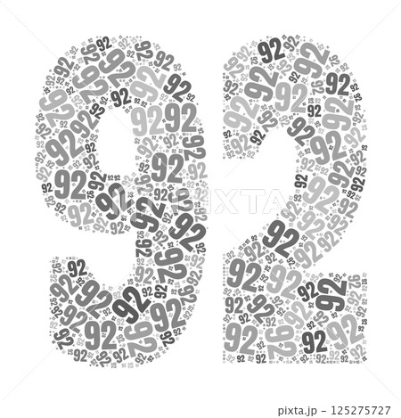 Grayscale word cloud forming the number 92, with repeated text in various sizes. Grayscale word cloud forming the number 92, with repeated text in various sizes. 125275727