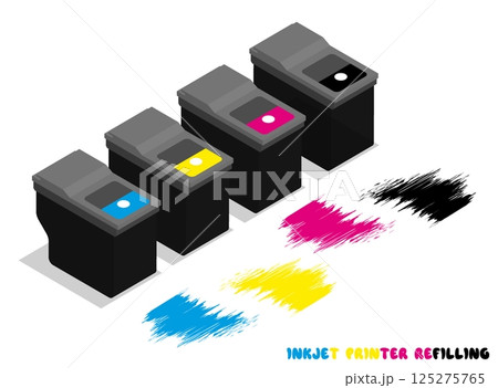 Isometric set of plastic ink cartridges for office inkjet printers. Repair and maintenance of office and copying equipment. Realistic 3D vector isolated on white background 125275765