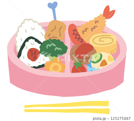 ピンクのお弁当箱とおかず（お箸あり） 125275887