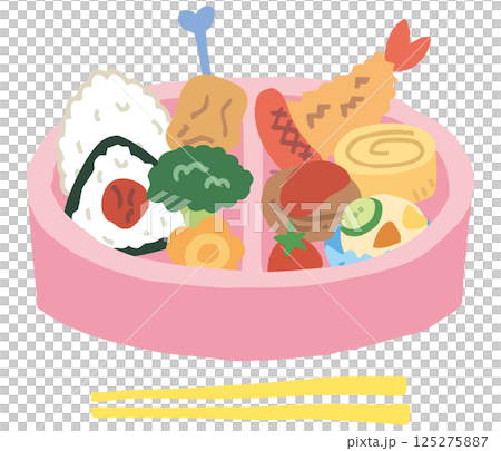 ピンクのお弁当箱とおかず（お箸あり） 125275887