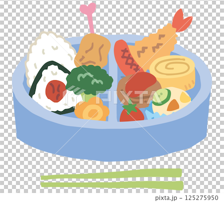 青色のお弁当箱とおかず（お箸あり） 125275950