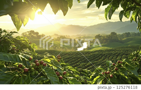 Coffee plantation at sunrise with ripe coffee berries on branches, copy space 125276118