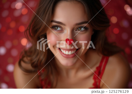 portrait of a beautiful woman in lingerie on a body with heart shaped valentine on her nose, happy and laughing face 125276129