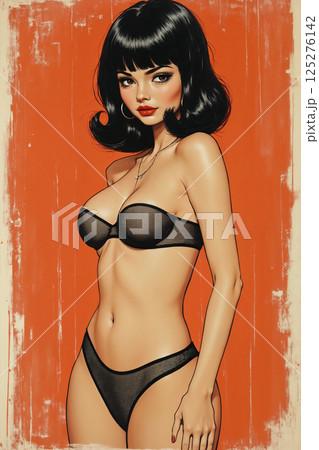 portrait of a young beautiful woman posing against a painted wall wearing a lingerie, illustration on orange color grunge background 125276142