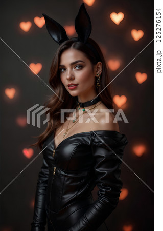 portrait of a young beautiful girl in a black leather tight catsuit with a bunny ear mask, on a dark abstract background with bokeh hearts 125276154
