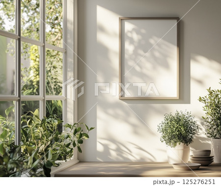 Empty frame in modern kitchen interior with warm natural light, mock up poster 125276251