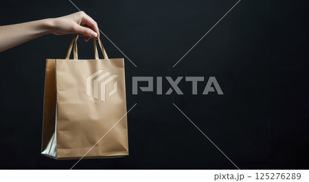 Brown paper shopping bag held by hand against black background with copy space 125276289