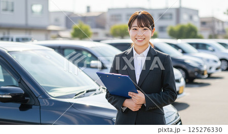 車の前で笑顔で立つビジネスマン 125276330