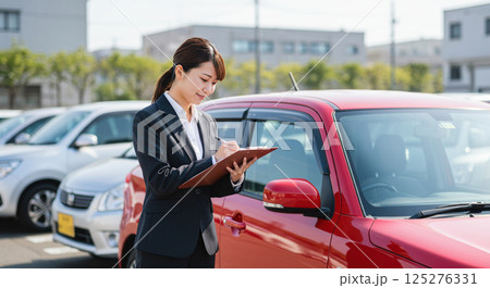 車の査定を行うアジア人ビジネスウーマン 125276331
