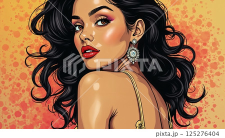 portrait of a girl with beautiful face and makeup, pop art illustration on abstract color background 125276404