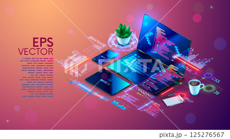 Software development concept. Programming, debugging program or code for laptop, phone, tablet. Creation adaptive Software application. Software development education or learning. Computer technology 125276567