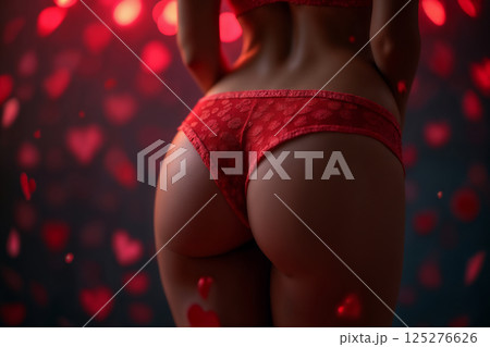 beautiful lingerie on a woman body, back view, dark night background with a bokeh heart lights 125276626