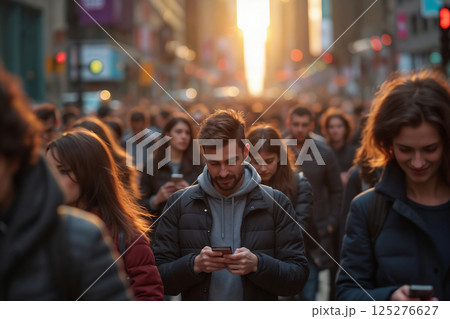 smartphones in hands, people using smartphones on busy city street of metropolis 125276627