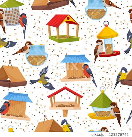 Assorted bird feeders with dainty. Animal shelters seamless pattern. Tits and bullfinches peck at grain. Sparrows fly. Repeated print. Feeding seeds. Park birdwatching. Vector background Assorted bird feeders with dainty. Animal shelters seamless pattern. Tits and bullfinches peck at grain. Sparrows fly. Repeated print. Feeding seeds. Park birdwatching. Vector background 125276742