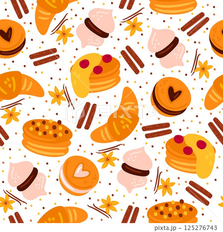 Baked pastries. Sweet cakes seamless pattern. Dessert bakery. Vanilla or cinnamon. Cookies with fruit filling. Repeated print. Croissants or biscuits. Vector confectionery background 125276743