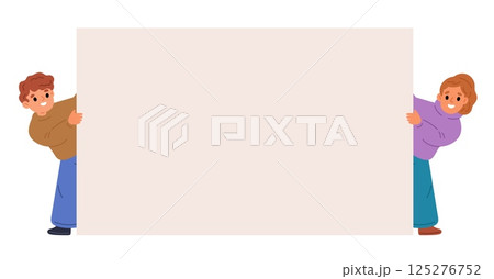 Cheerful boy and girl hold blank banner in hands. Preschool kids standing with empty placard. Activists showing rectangular billboard. Teenagers presenting square poster. Vector concept 125276752