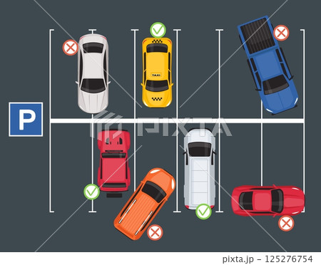 City parking area with correctly and incorrectly parked cars. Auto drivers rule. Urban vehicles top view. Auto transportation. Right and wrong driving. Vector automobile traffic poster City parking area with correctly and incorrectly parked cars. Auto drivers rule. Urban vehicles top view. Auto transportation. Right and wrong driving. Vector automobile traffic poster 125276754