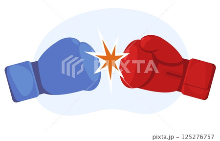 Confrontation and rivalry. Hands hit. Red and blue boxing glove. Sporting battle contest. Boxing competition. Boxers arms punch. Fists clash. Kickboxing attack. Bump spark. Vector concept 125276757