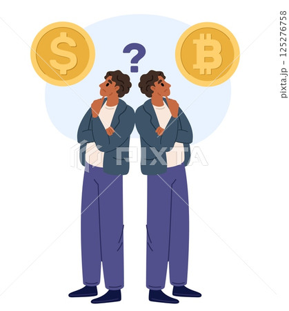 Confused man cant choose between bitcoin and dollar coins. Financial dilemma. People thinking about money investment profits. Cryptocurrency and cash. Finance savings. Vector concept 125276758