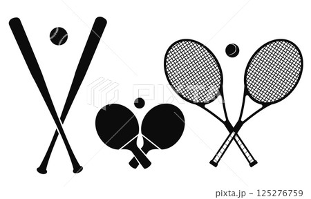 Crossed tennis rackets with ball. Sports equipment isolated on white background. Tournament club. Baseball bats. Sportsman match. Badminton racquet. Black silhouettes. Vector athletic set 125276759