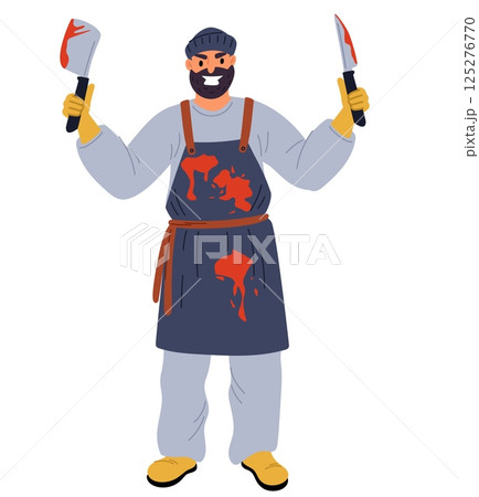 Evil deranged homicidal maniac with knife and blood stains on clothes or weapons. Criminal violence. Angry butcher. Bloody apron and dagger. Fear of dangerous killer. Vector concept 125276770