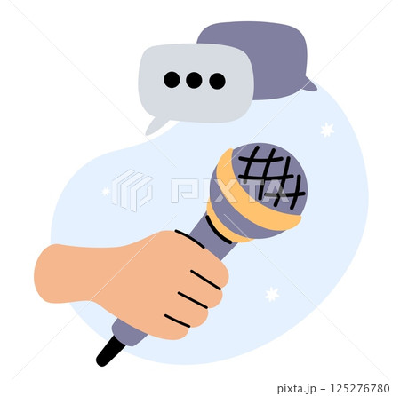 Hand holding microphone. Interview or news story. Human arm with mike. Public speaker. Speech bubble. Karaoke singer mic. Voice broadcasting. Audio multimedia equipment. Vector concept 125276780