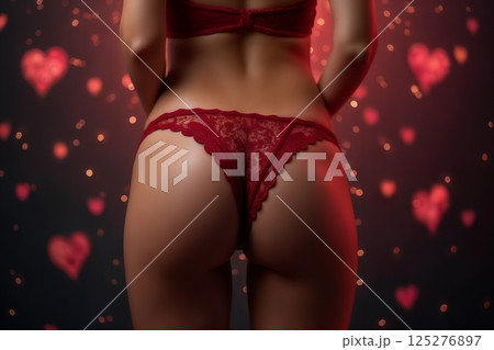 beautiful lingerie on a woman body, back view, dark night background with a bokeh heart lights 125276897