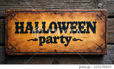 Halloween party banner, vintage style wooden sign board inscription, old wooden boards 125276954