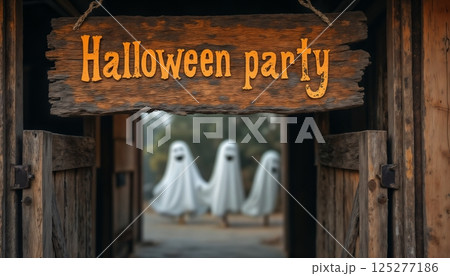Halloween party banner above the entrance where ghosts celebrate and have fun, vintage style wooden board inscription, old wooden boards, rural style 125277186