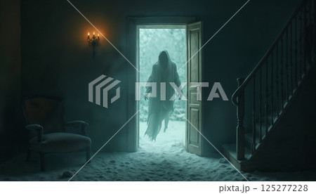 A ghost in the doorway of an old abandoned home, on Halloween night, dark and scary 125277228